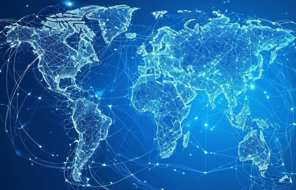 Worldmap Connected by dots and lines illustrating connecting flows